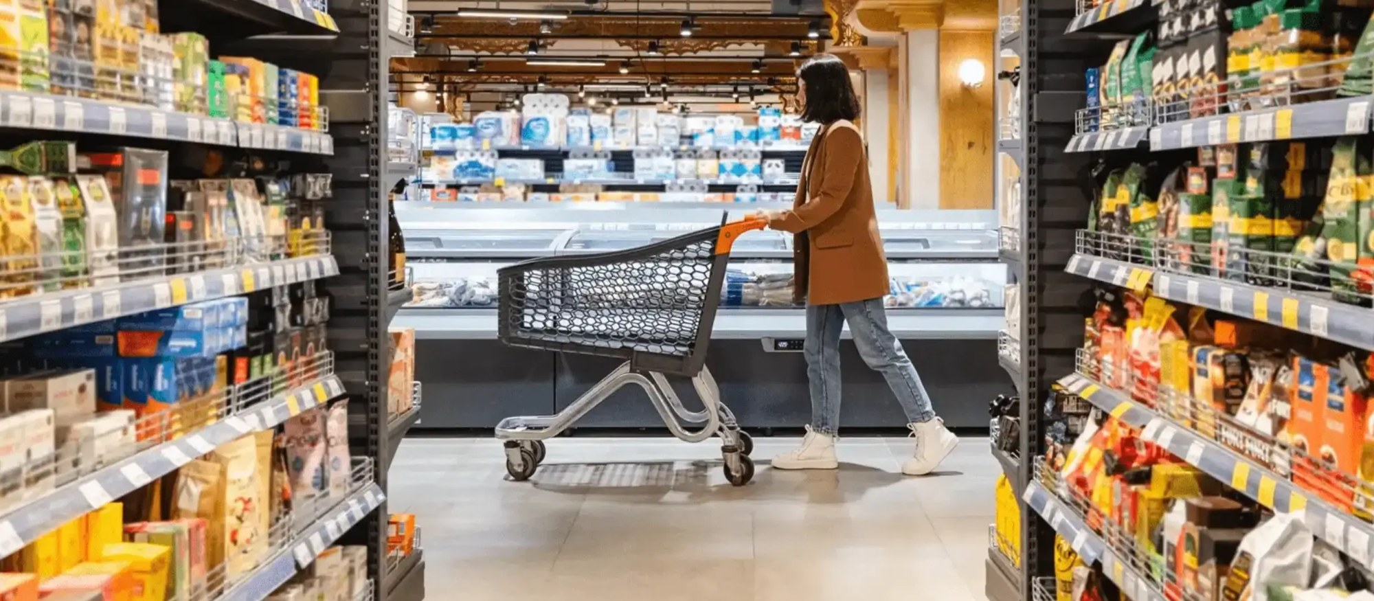 Supermarket aisle with a shopper